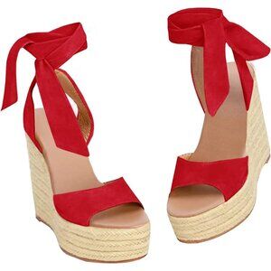 Women's Dark Red Wedges Open Ankle Strap Toe Tie Lace Up Sandals Heels Shoes